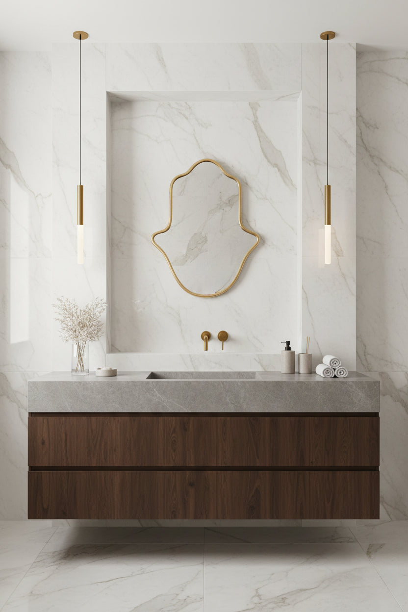 Handmade brass Hamsa mirror on white marble bathroom wall