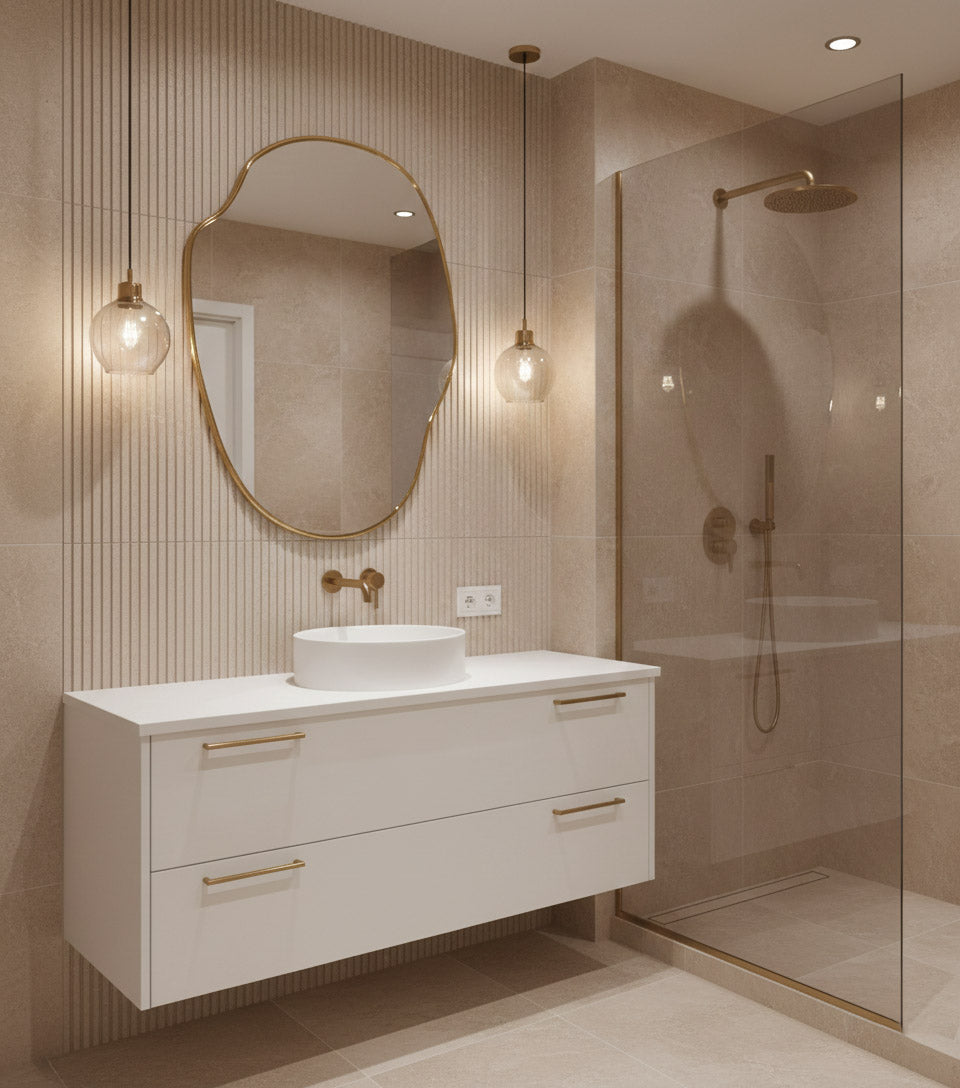 River stone brass mirror above white floating vanity in beige bathroom.