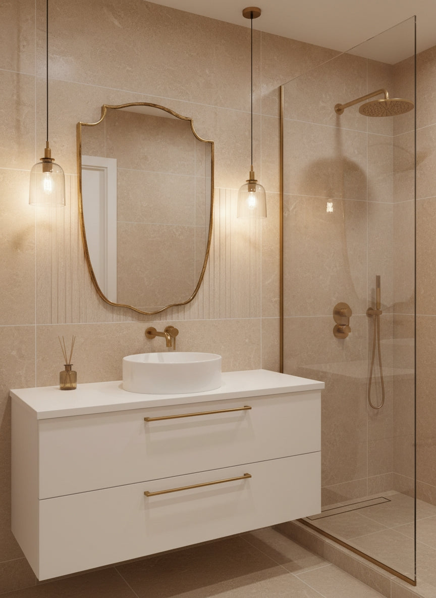 Brass shield mirror above white bathroom vanity and shower.