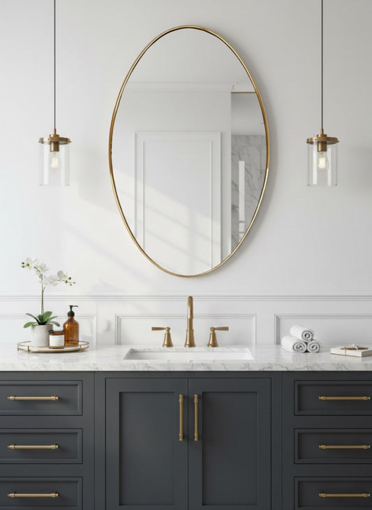 Oval gold framed mirror above navy vanity in bright classic bathroom