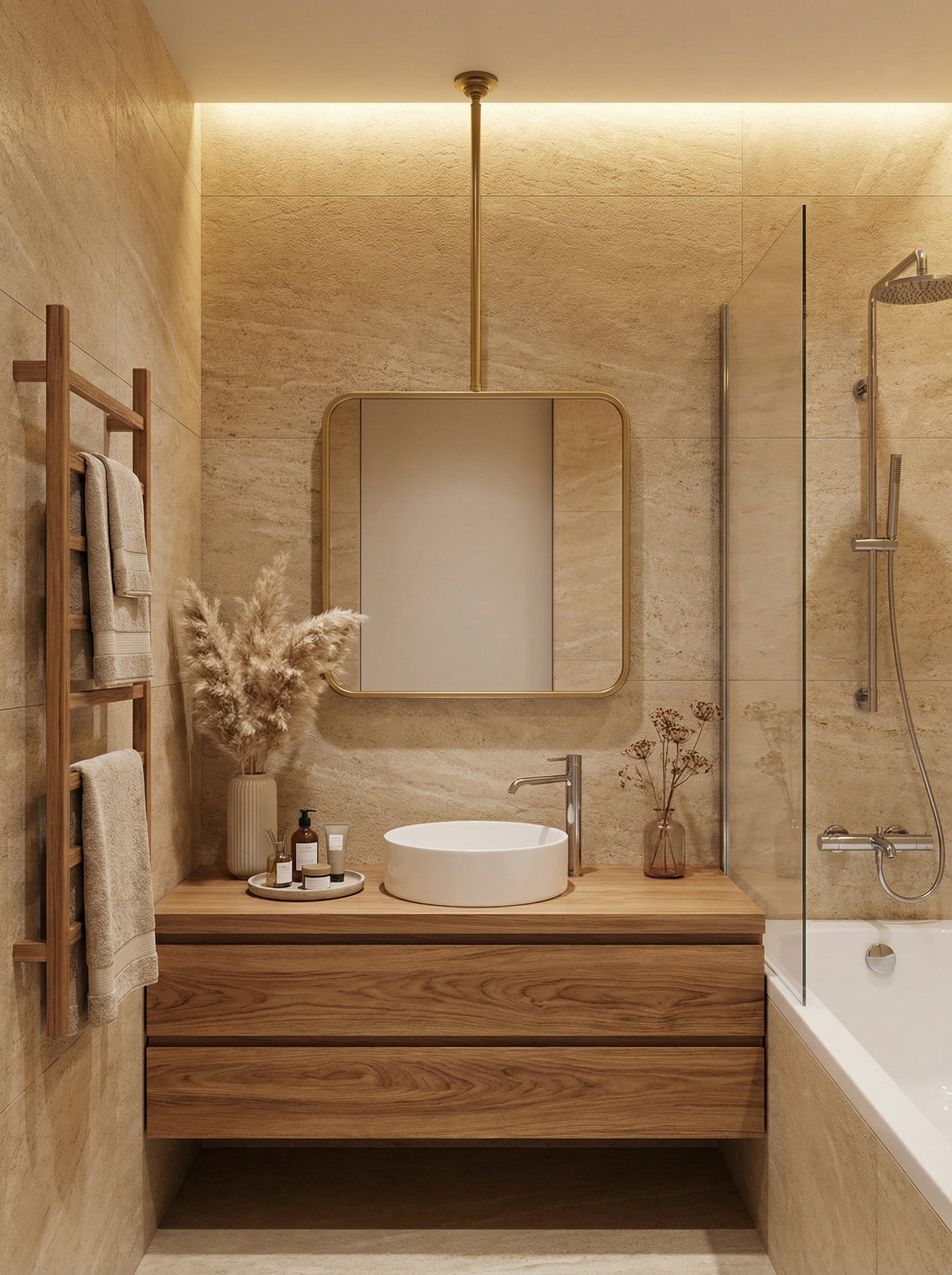 Handmade suspended brass square mirror in warm beige bathroom.