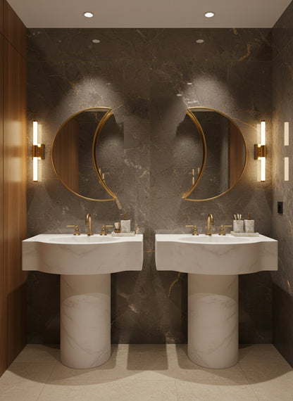 Gold crescent moon mirror above black console table