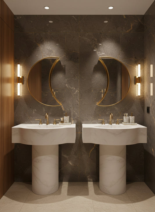 Gold crescent moon mirror above black console table