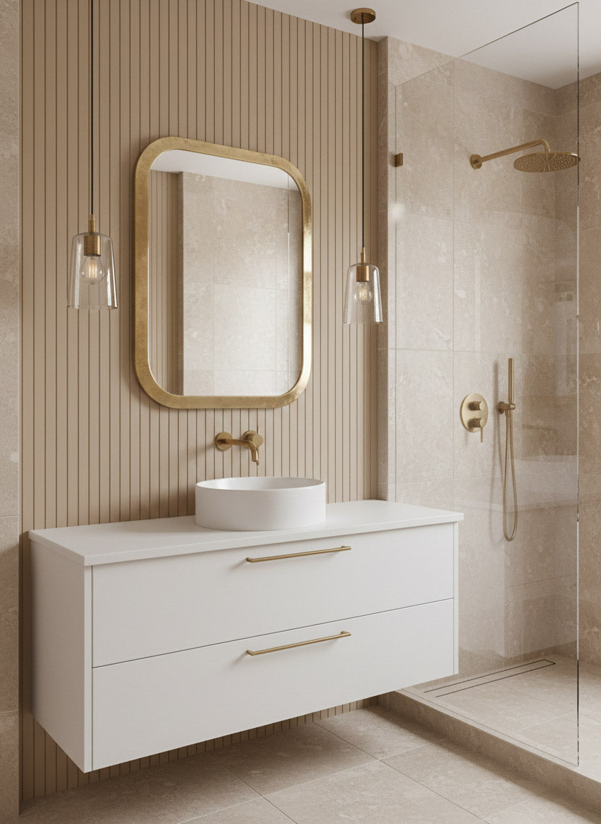 Brass rectangular vanity mirror in modern beige bathroom