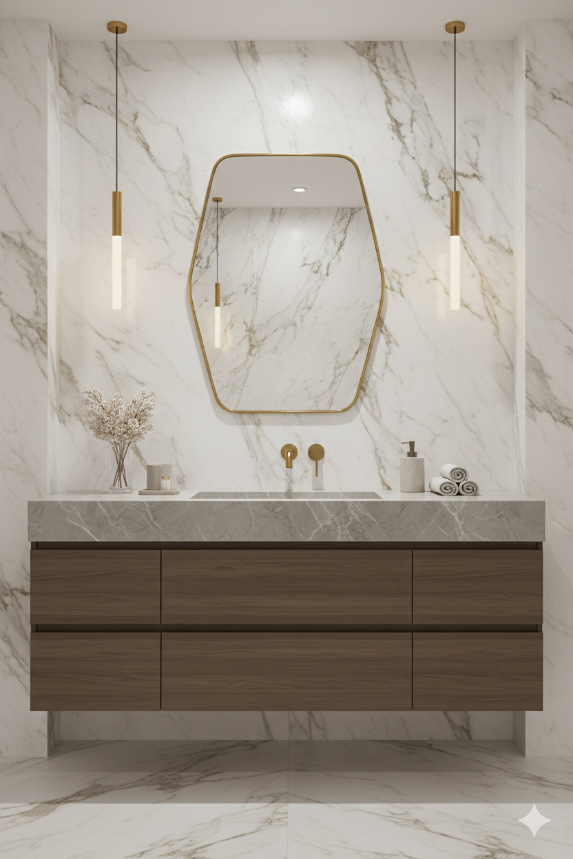 Hexagonal brass vanity mirror against marble wall with pendant lights