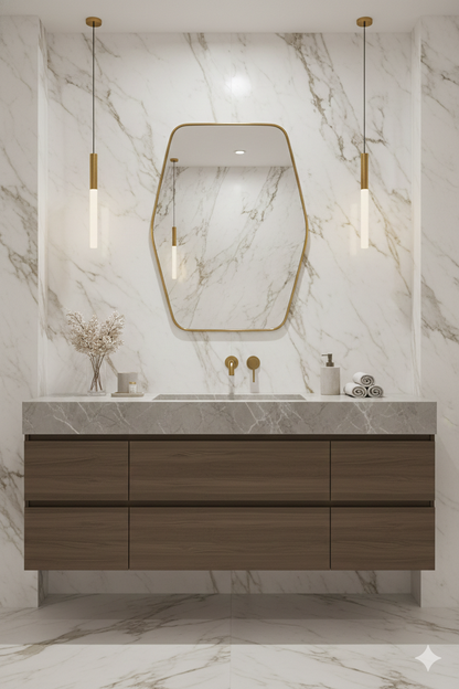 Hexagonal brass vanity mirror against marble wall with pendant lights