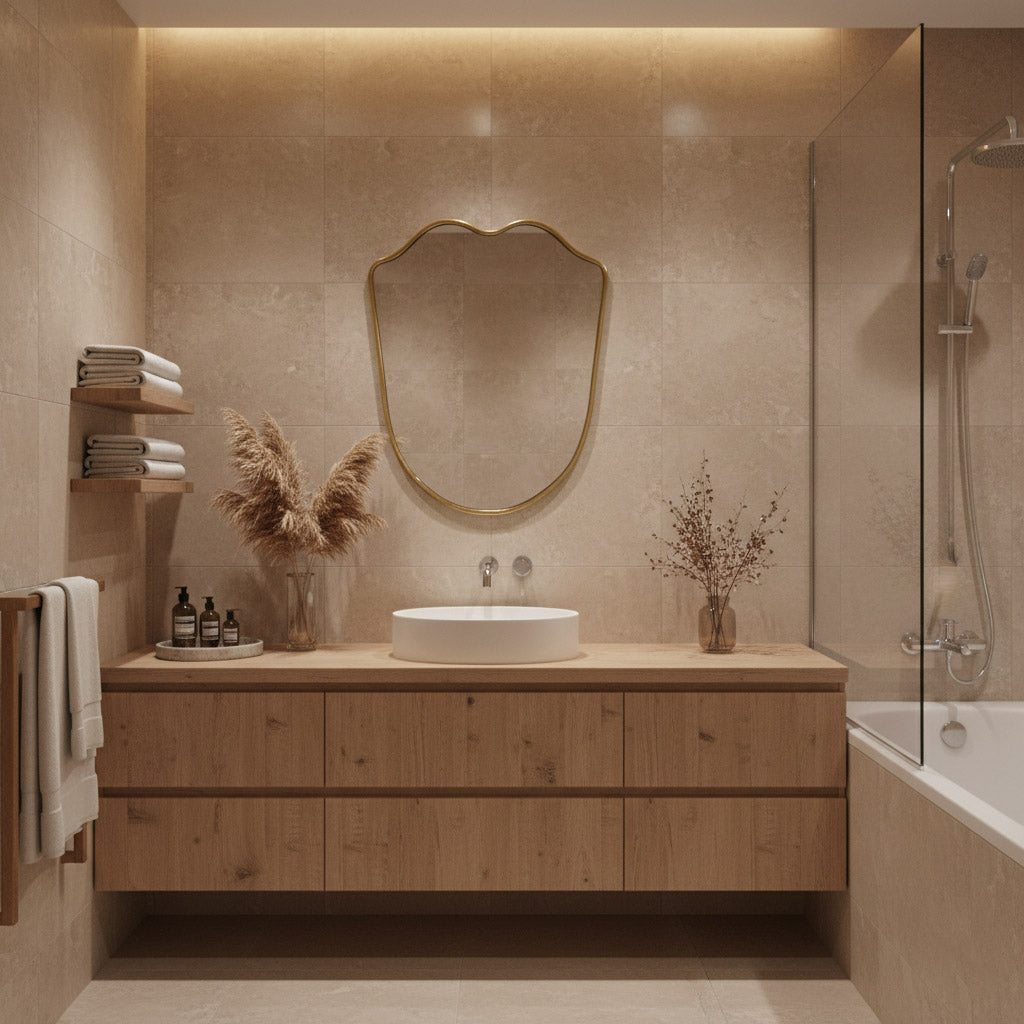 Wavy brass vanity mirror above wooden bathroom cabinet