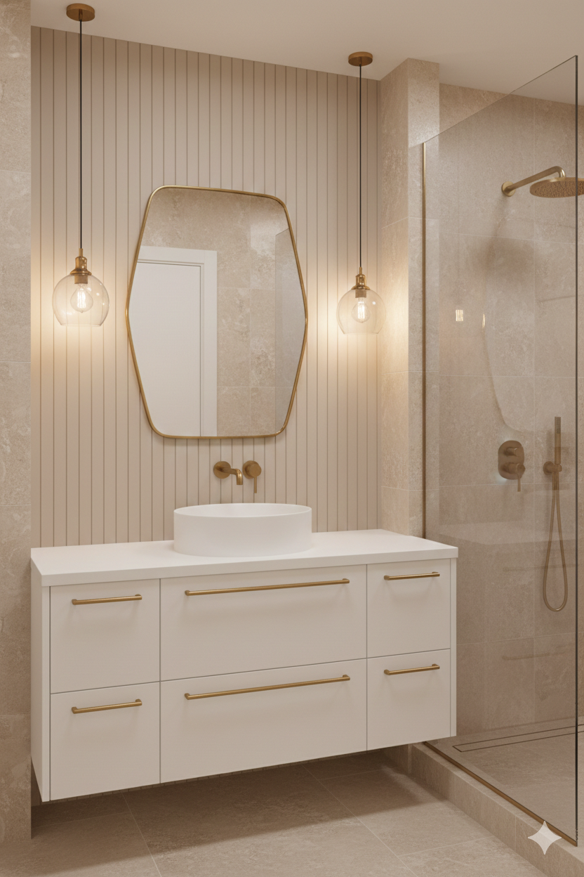 Hexagonal brass wall mirror above modern bathroom vanity