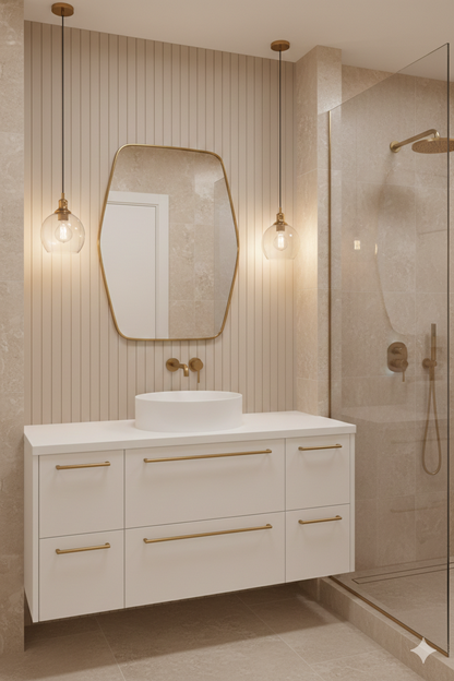 Hexagonal brass wall mirror above modern bathroom vanity