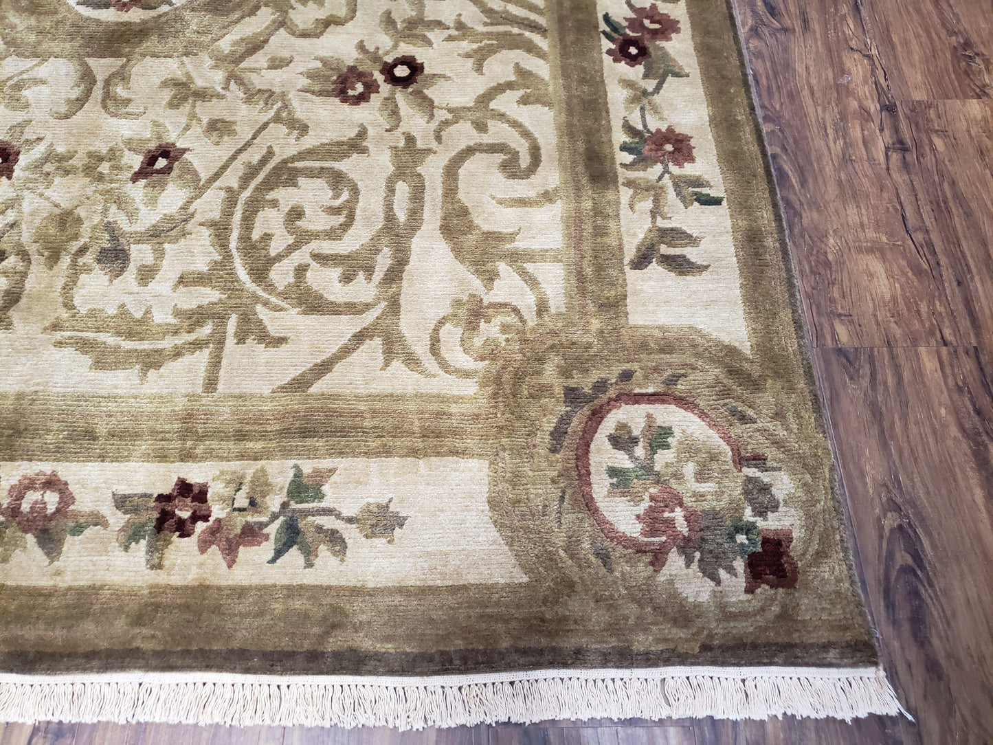 Vintage Nepali Tibetan Aubusson Rug 6x9, Wool Hand-Knotted Cream Beige Carpet, Leaves & Floral Pattern 6 x 9 Soft Area Rug Home Office Rug