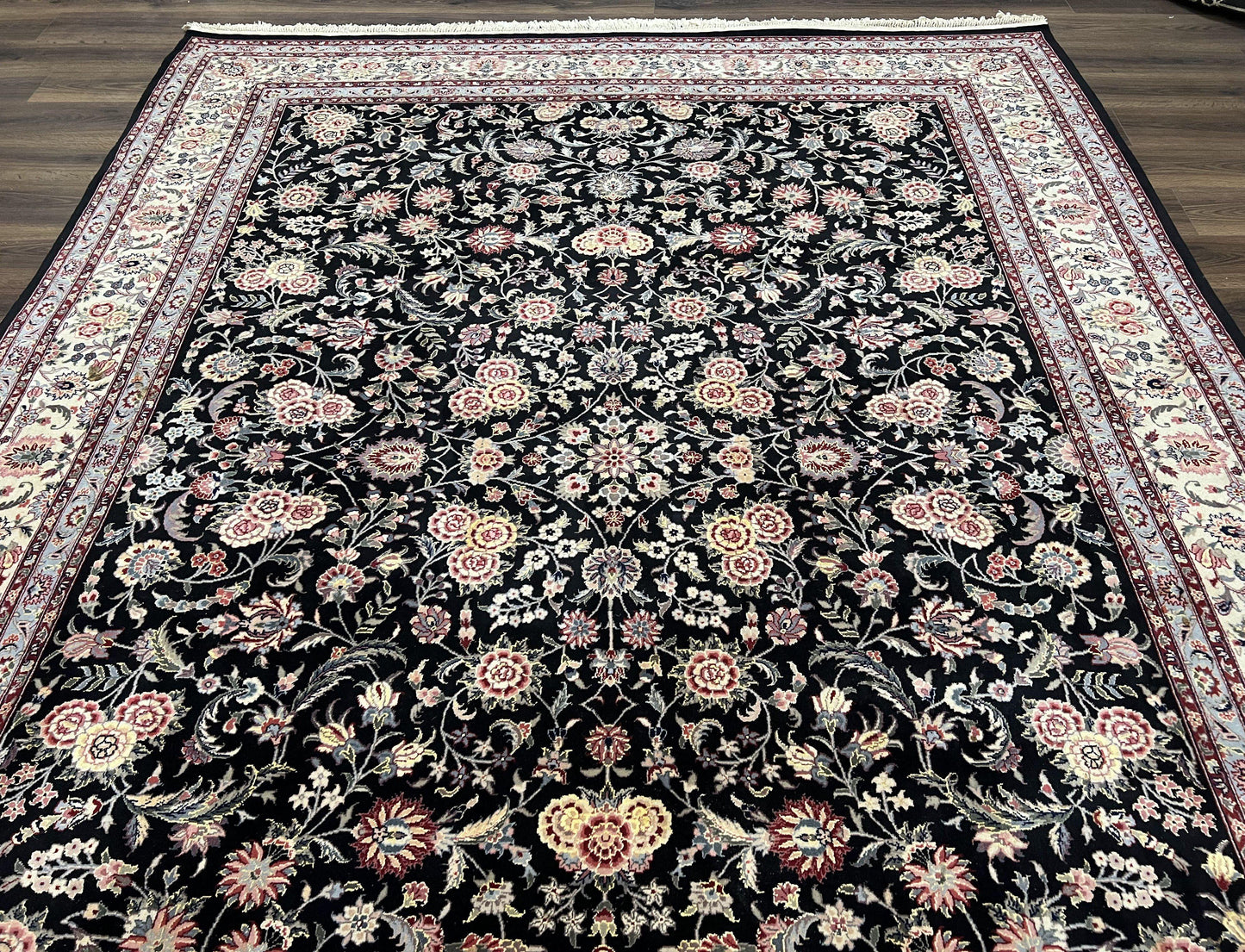 Hand Knotted Persian Rug 9x12 Wool Silk Highlights Vintage Black Cream