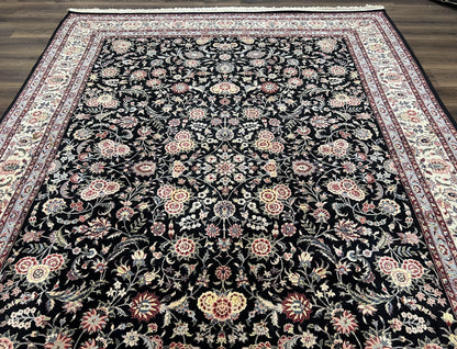 Hand Knotted Persian Rug 9x12 Wool Silk Highlights Vintage Black Cream
