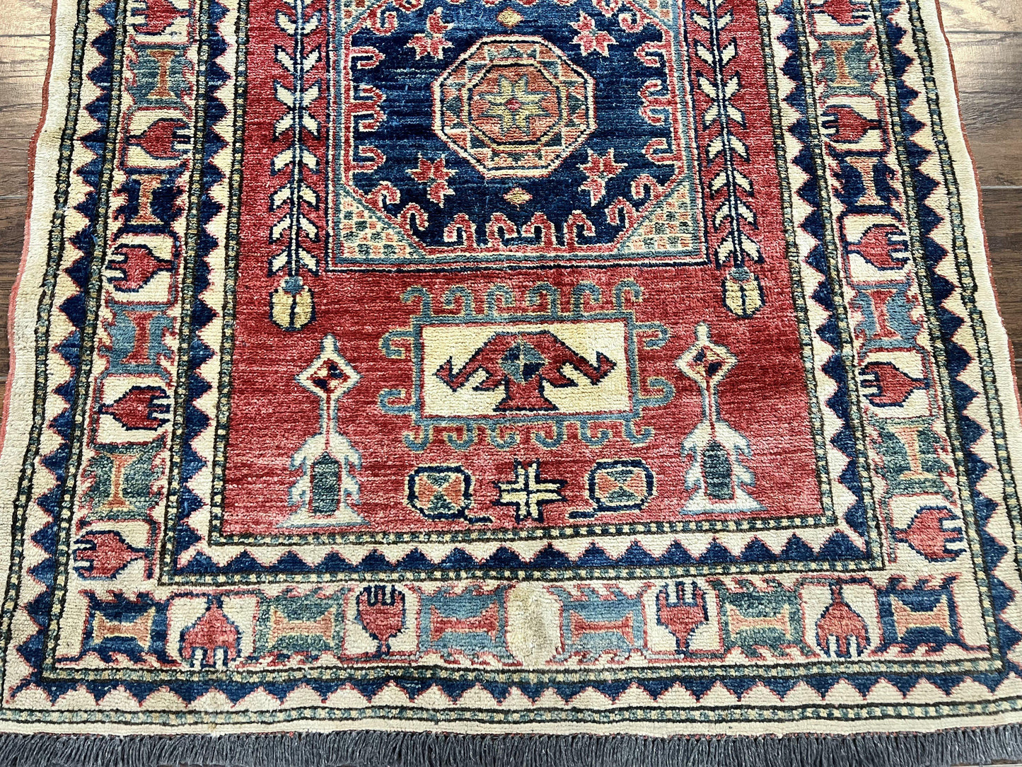 Turkish Kazak Rug 3x4 Hand Knotted Wool Vintage Carpet Red Navy Blue Geometric Design