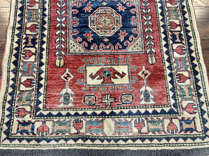 Turkish Kazak Rug 3x4 Hand Knotted Wool Vintage Carpet Red Navy Blue Geometric Design