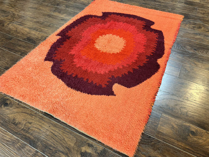 Danish Rya Shag Rug 4x6, Mid Century 1960s Retro Vintage Wool Rug, Shades of Red