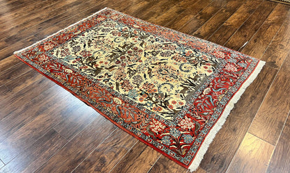 Persian Tree of Life 5x7, Qum Rug, Animal Motifs, Deer Birds, Fine 225 KPSI, Semi Antique Wool Rug, Cream Red