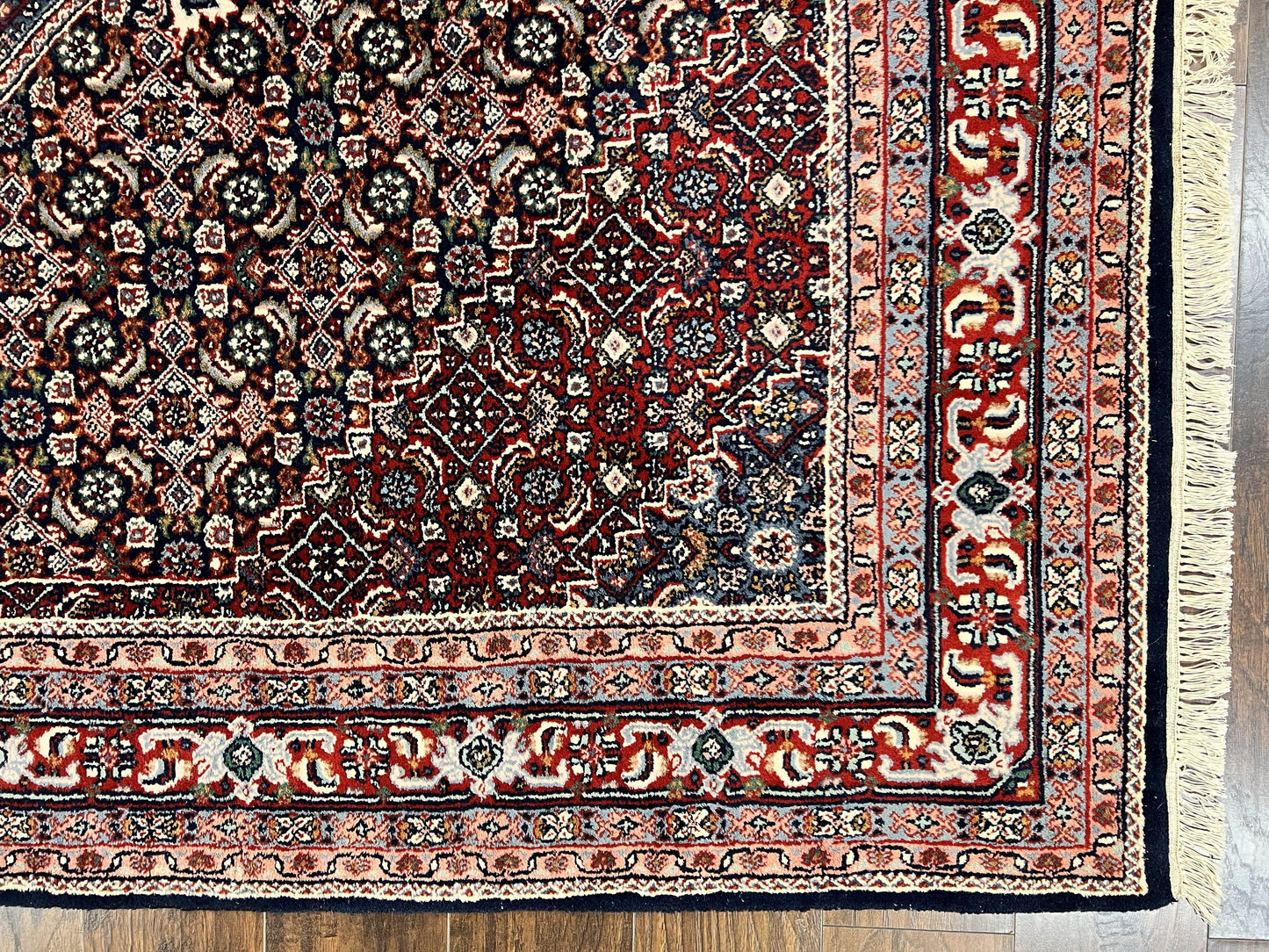 Indo Persian Rug 7x10, Dark Blue and Red Hand Knotted Wool Vintage Oriental Carpet 7 x 10 ft, Handmade Bidjar Rug, Herati Pattern Indian Rug
