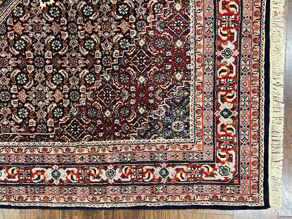 Indo Persian Rug 7x10, Dark Blue and Red Hand Knotted Wool Vintage Oriental Carpet 7 x 10 ft, Handmade Bidjar Rug, Herati Pattern Indian Rug