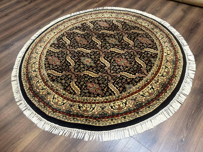Indo Persian Bidjar Rug Round 6x6 Wool Hand Knotted Navy Blue Beige