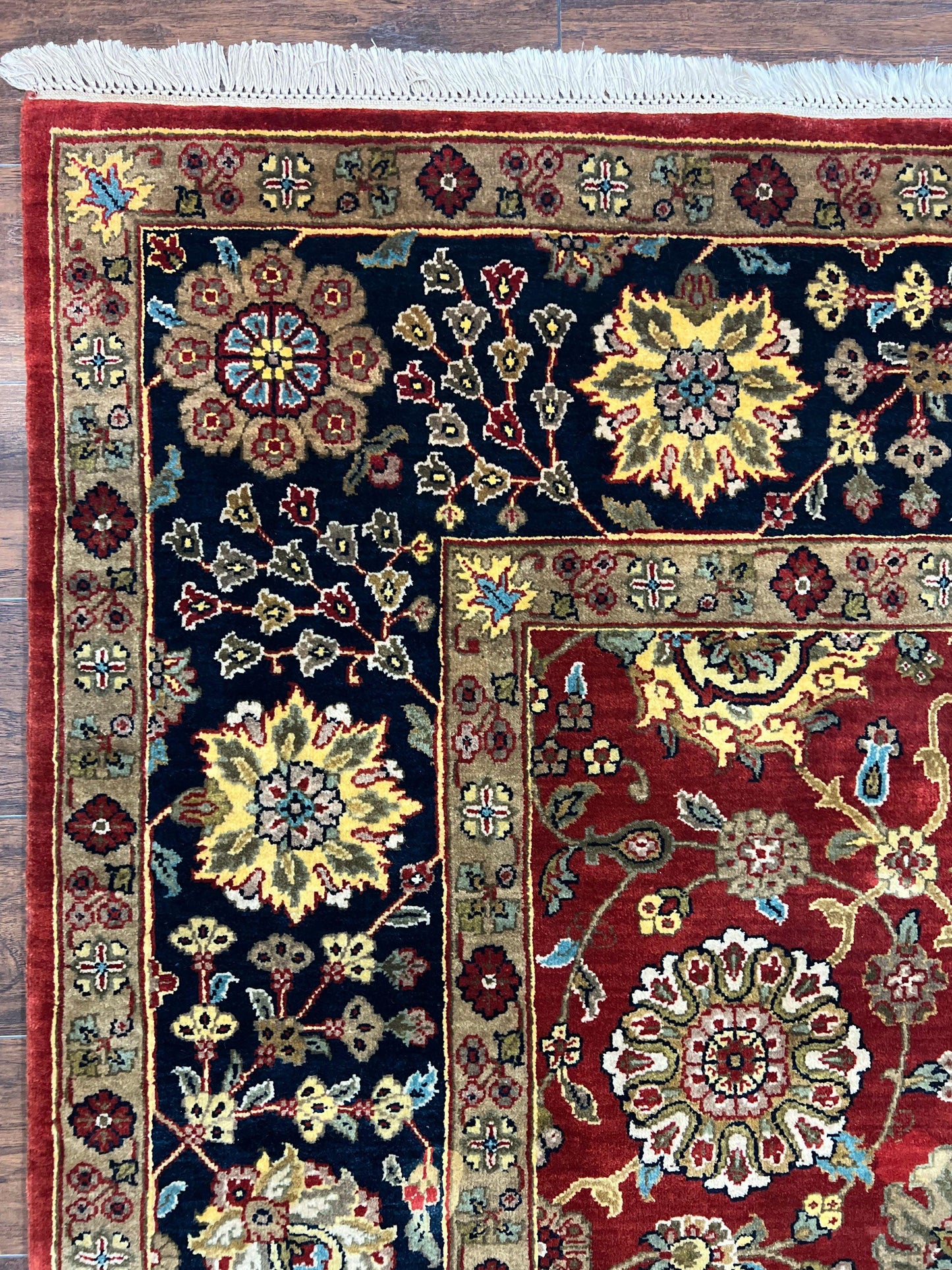 Indo Persian Rug 9x12, Hand Knotted Traditional Indian Wool Oriental Carpet 9 x 12 ft, Maroon and Navy Blue, Floral Allover 9x12 Vintage Rug