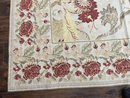 Extra Large Needlepoint Rug 14 x 20, Vintage Handwoven Handmade Wool Flatweave Carpet, Allover Floral Pattern, Elegant European Deisgn Rug