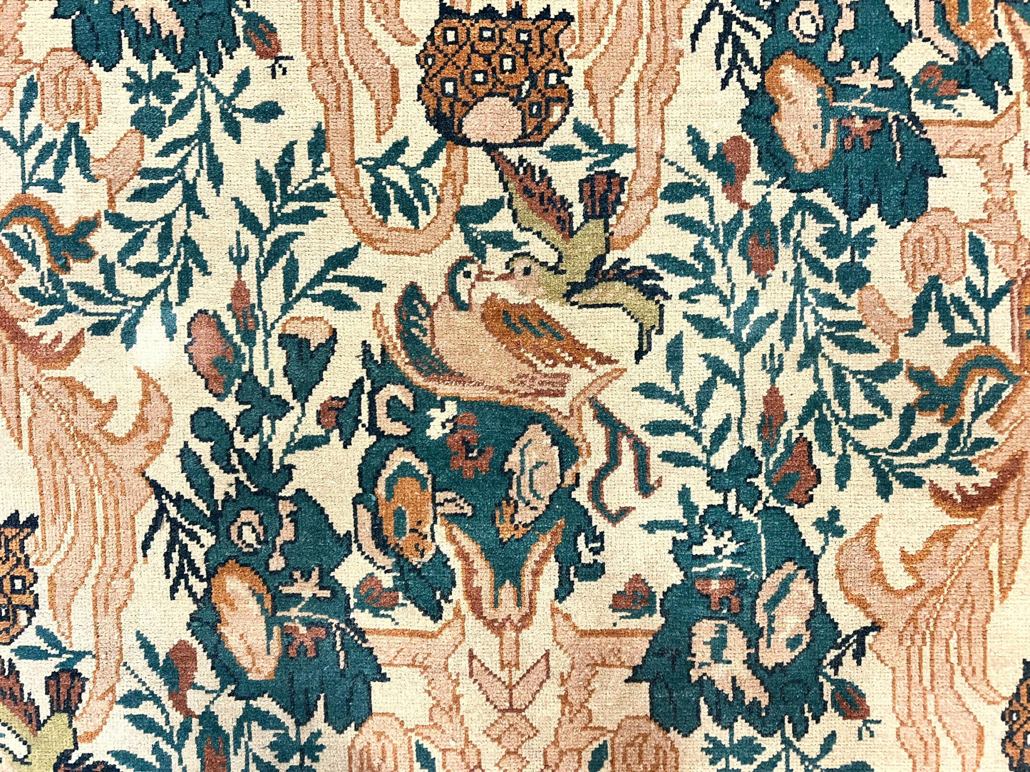 Handmade Vintage Wool Rug 10x13 Floral Birds Beige Couristan