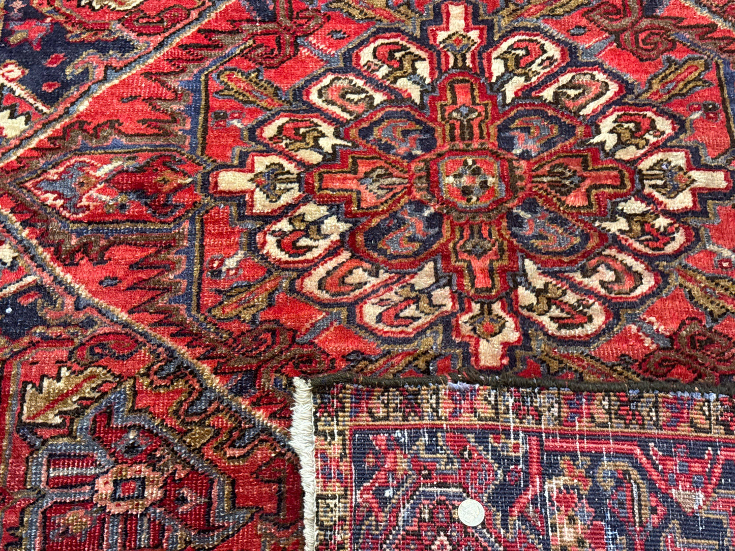 Persian Heriz Rug 7x10, Geometric Pattern, Red Ivory Navy Blue