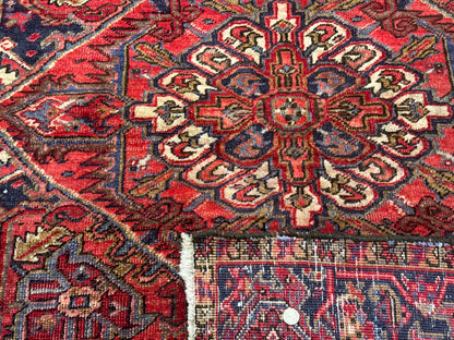 Persian Heriz Rug 7x10, Geometric Pattern, Red Ivory Navy Blue