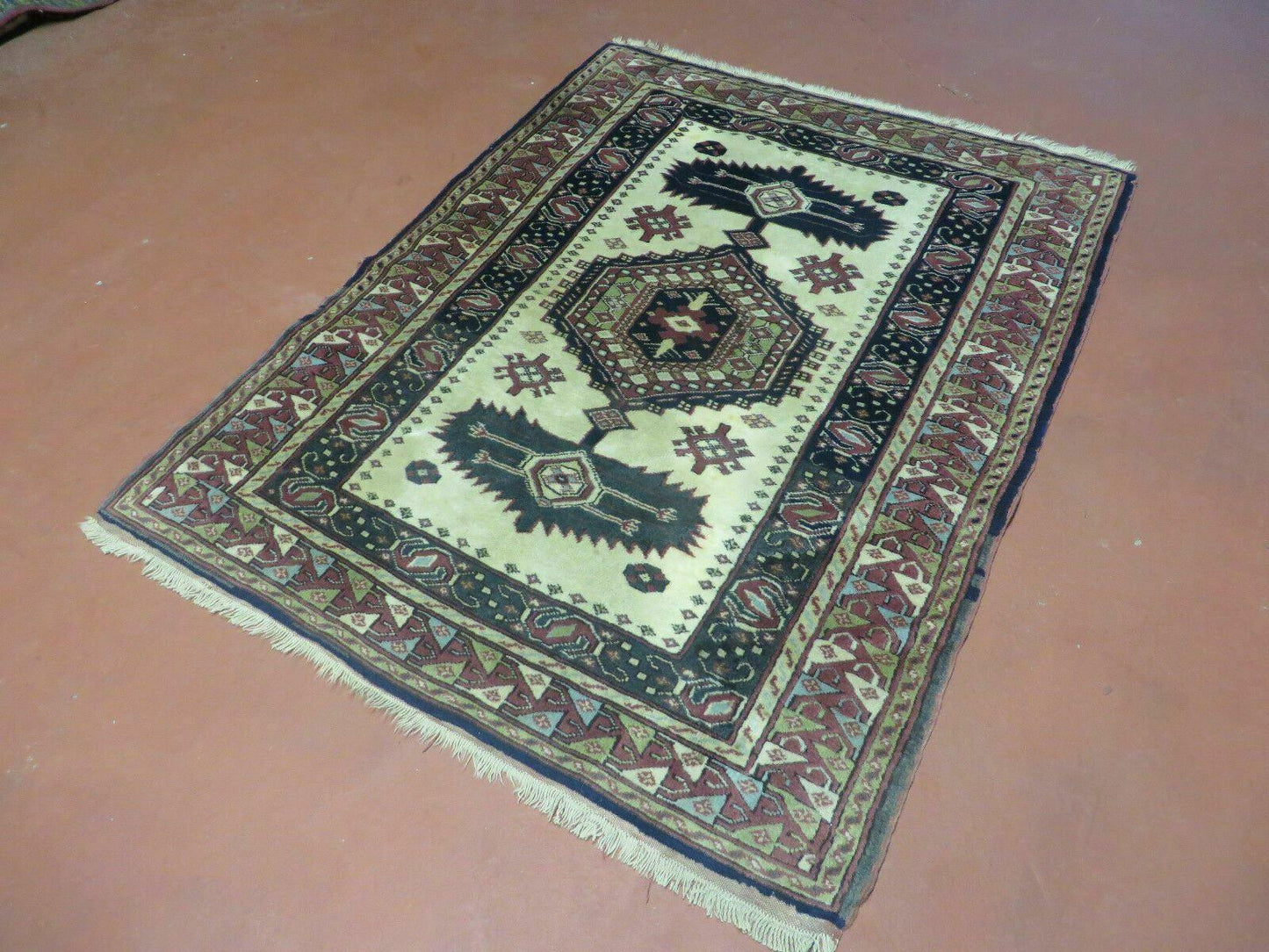 Vintage Turkish Geometric Wool Rug Handmade 1960s 41x51 Allover Pattern