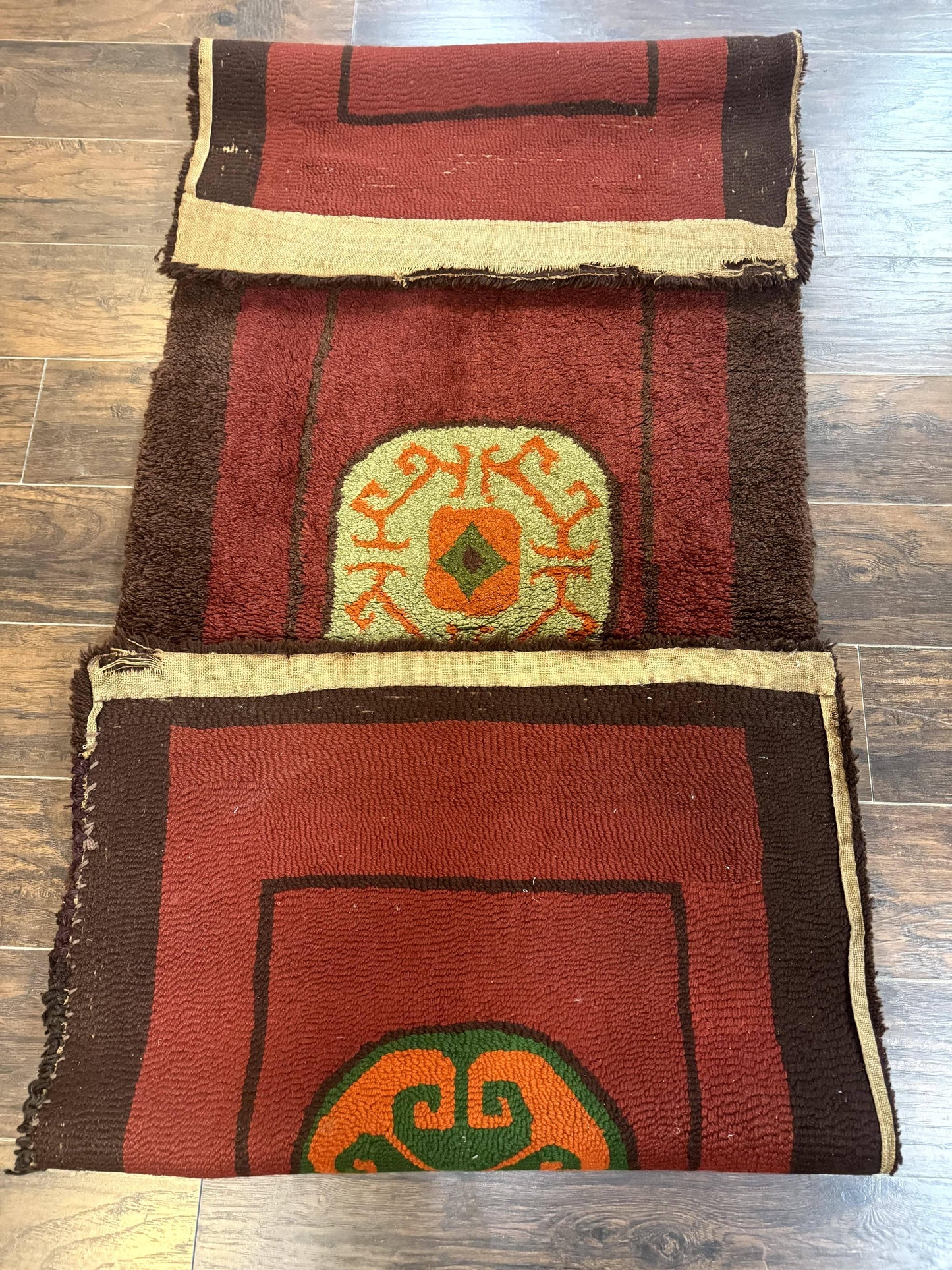 German Hooked Runner Rug 3x8, Vintage, Red, Wool