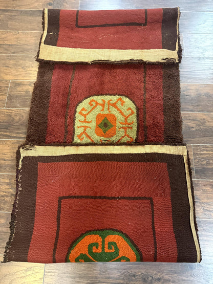 German Hooked Runner Rug 3x8, Vintage, Red, Wool