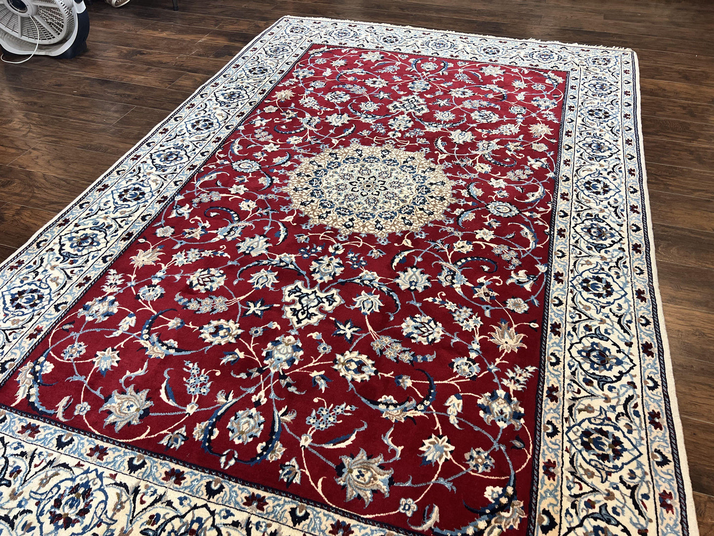 Persian Nain Rug 6x10, Wool and Silk Highlights, Red and Ivory, Floral Medallion, Vintage Handmade Hand Knotted, Fine 225 KPSI, Traditional Rug