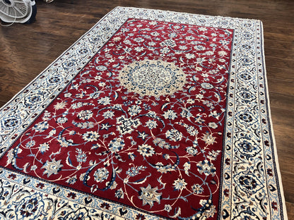 Persian Nain Rug 6x10, Wool and Silk Highlights, Red and Ivory, Floral Medallion, Vintage Handmade Hand Knotted, Fine 225 KPSI, Traditional Rug