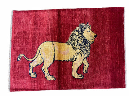 Handmade Hand Knotted Wool Rug Lion Pictorial 3x5 Vintage New