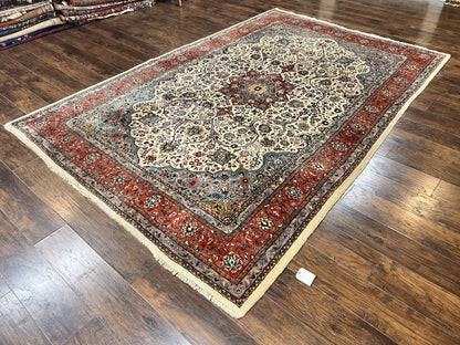 Persian Sarouk Rug 8x12 Hand Knotted Wool Antique Carpet With Cream Red Floral Medallion