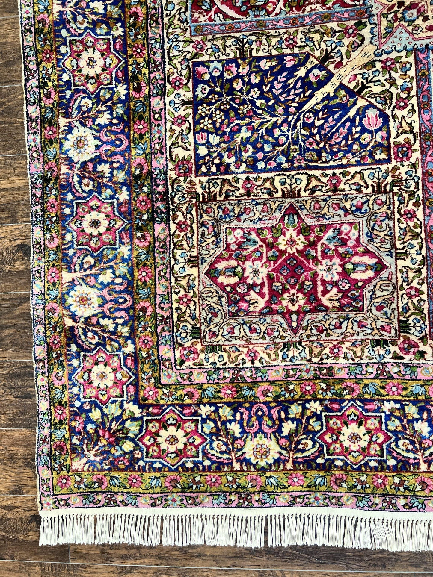 Persian Kirman Lavar Rug 8x9, Antique Persian Carpet, Colorful Multicolor 1920s Handmade Wool Rug, Garden Panel Design, Fine 200 KPSI