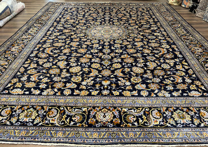 Wonderful Navy Blue Persian Kashan Rug 11x13, Allover Floral Design with Central Medallion, Wool Hand-Knotted Antique Carpet, Signed Rabani Rug