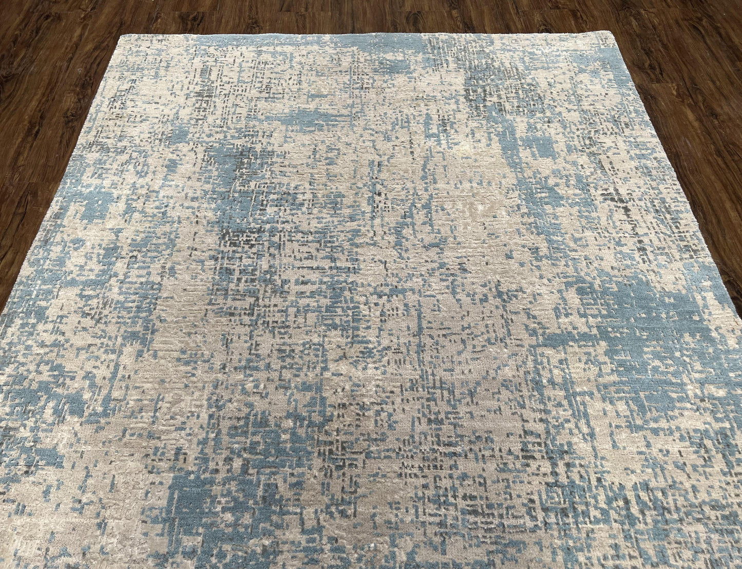 Modern Tibetan Rug 5x8 Ft Light Blue and Gray Wool Handmade Nepal Rug with Raised Pattern