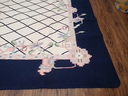 Vintage Dhurrie Rug, Indian Dhurrie 8x11 - 9x11, Wool Hand-Woven Ivory & Black Indo Carpet, Large Flat Weave Rug Living Room Rug Black White