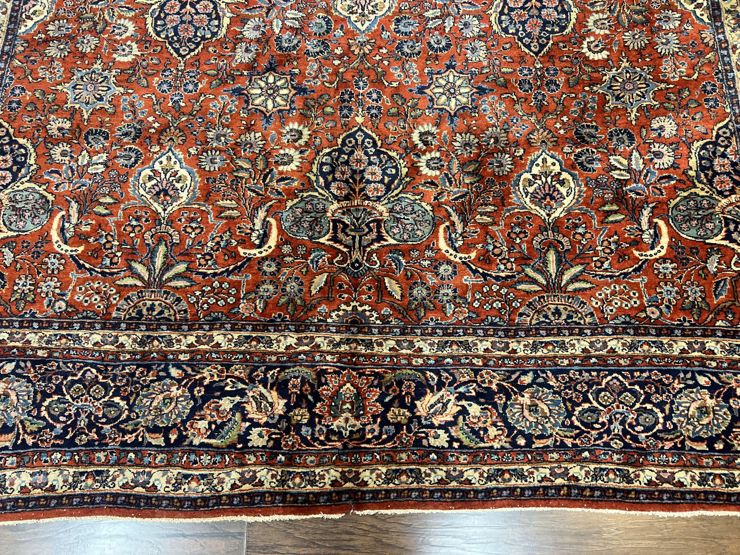 Persian Sarouk Rug 9x12 Handmade Wool Qazvin Antique Carpet Red And Dark Blue Floral Allover