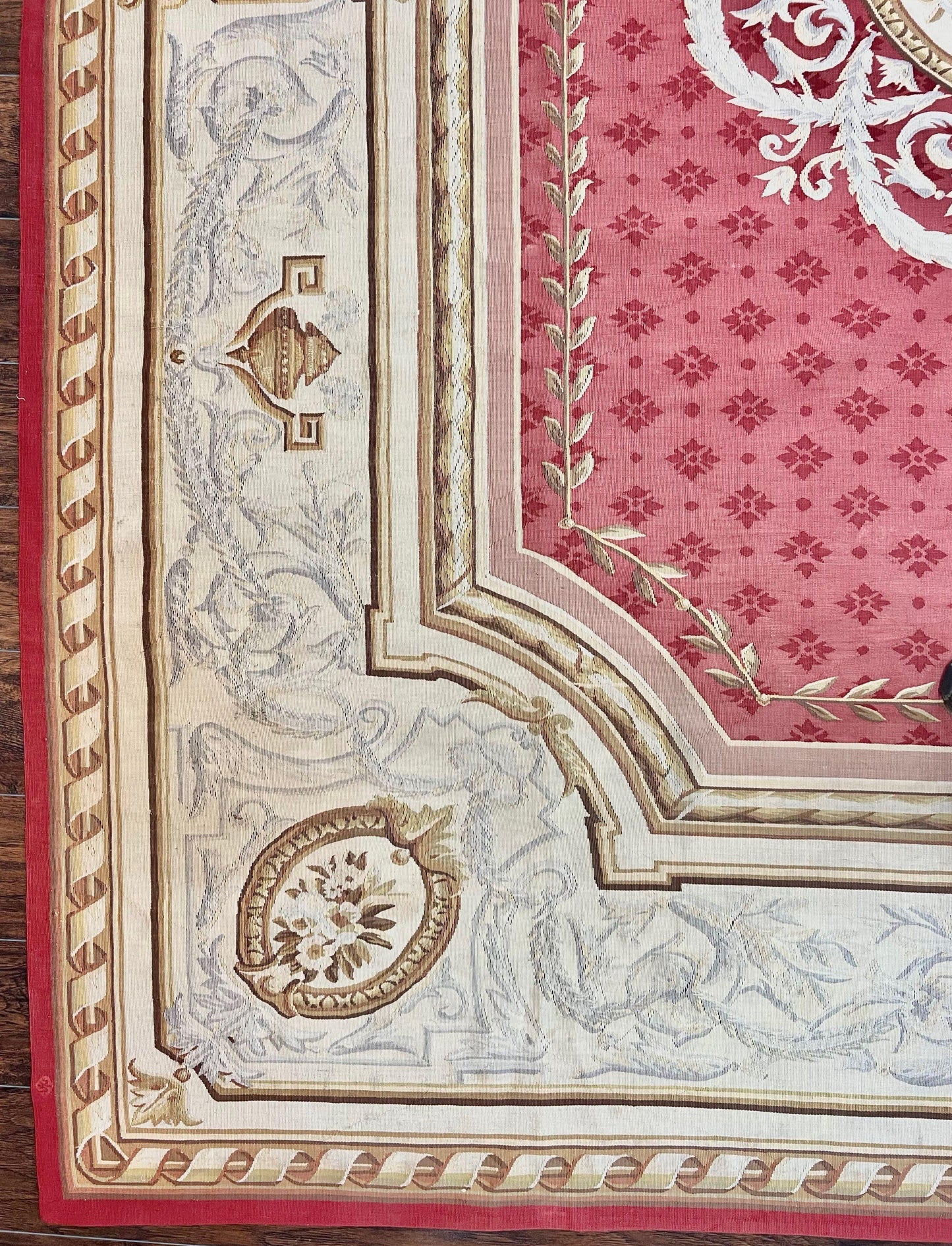 Elegant Aubusson Rug 9x12 Handmade Wool Carpet Red Ivory Vintage French Design