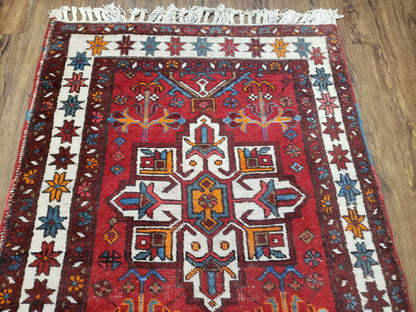 Antique Persian Heriz Karajeh Runner Rug, Red, Hand-Knotted, Wool, 3' 3" x 10' 11"