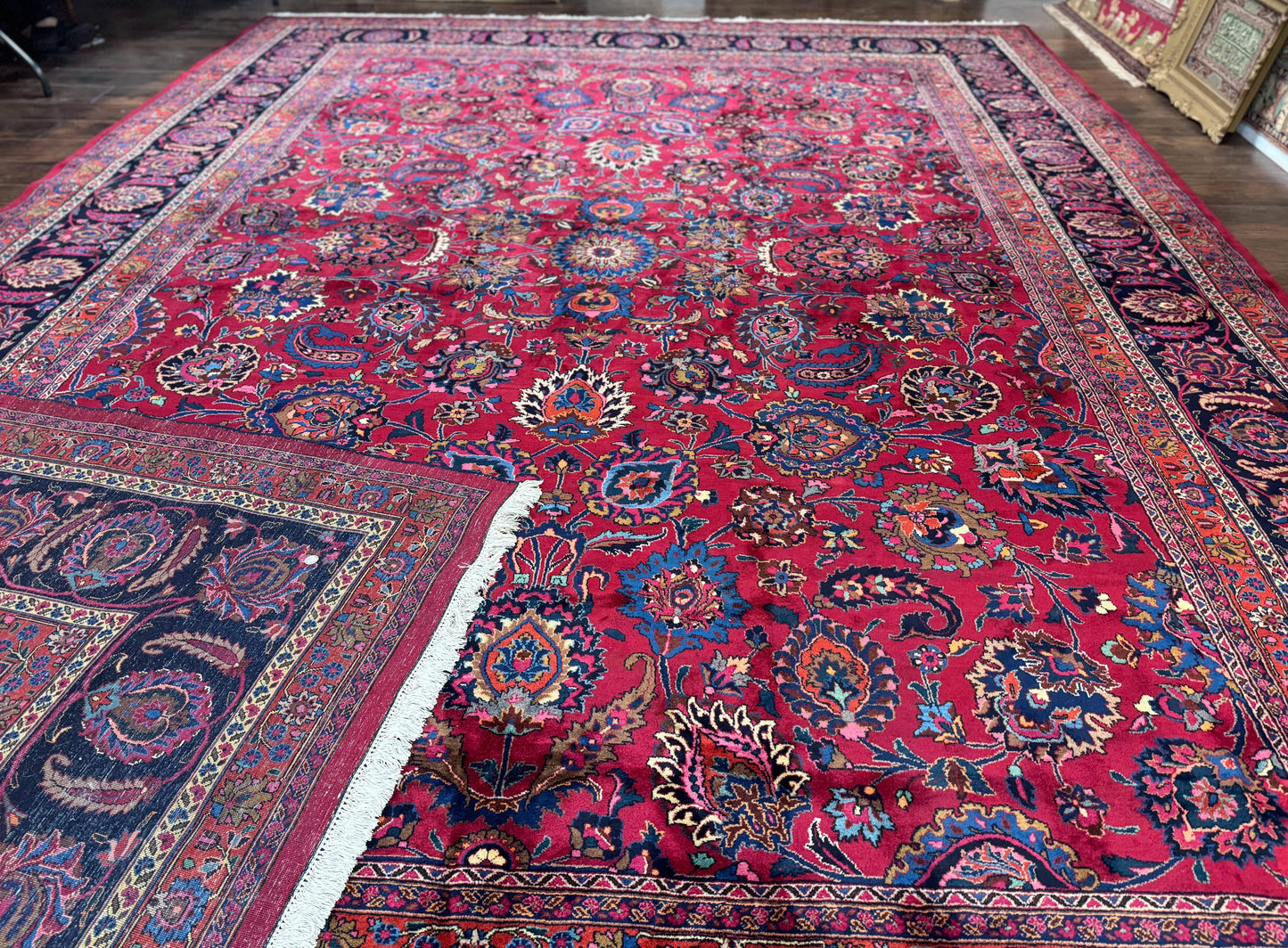Palace Size Persian Mashad Rug 12x16, Raspberry and Navy Blue, Signature from Master Weaver, Antique Handmade Large Wool Carpet
