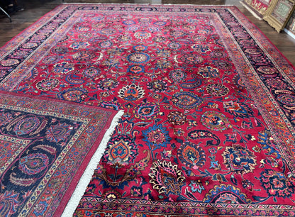 Palace Size Persian Mashad Rug 12x16, Raspberry and Navy Blue, Signature from Master Weaver, Antique Handmade Large Wool Carpet