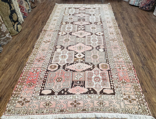 Antique Caucasian Rug 5' 5" x 10' 9", Shirvan Carpet, Wide Oriental Corridor Runner, Quality Handmade Hand-Knotted Wool Rug, Pale Pink Black