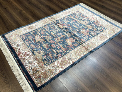 Turkish Silk Hunting Design Rug 4x6 in Dark Steel Blue and Ivory, Bamboo Silk