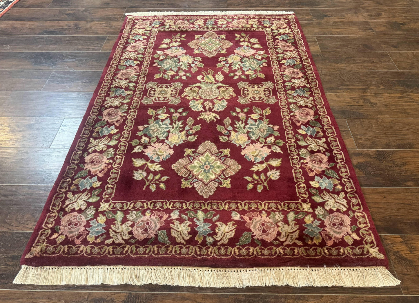 Indo Persian Kerman Rug 4x6 Vintage Hand Knotted Wool Floral Burgundy Elegant Home Decor