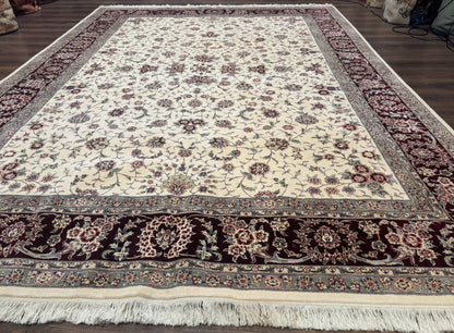 Sino Persian Rug 9x12 Hand Knotted Wool Silk Highlights Floral Allover Ivory And Dark Maroon