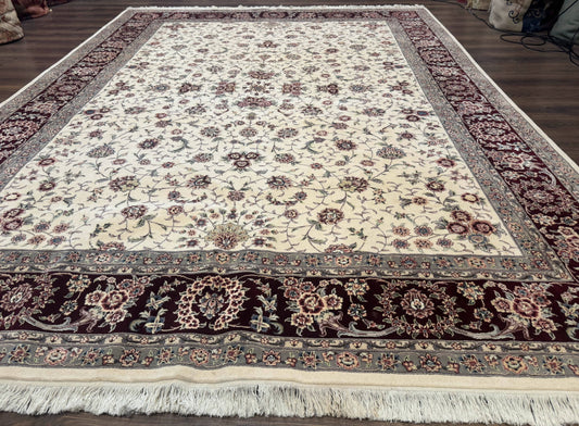 Sino Persian Rug 9x12 Hand Knotted Wool Silk Highlights Floral Allover Ivory And Dark Maroon