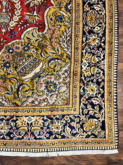 Persian Qum Rug 10x14 Hand Knotted Wool Silk Highlights Red Floral Semi Antique Vintage